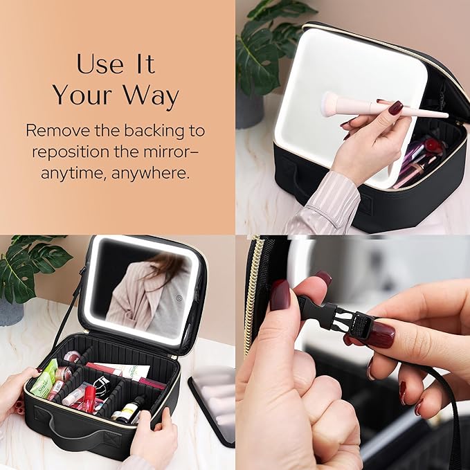 Makeup Bag with LED Mirror – Travel Cosmetic Organizer with Lighted Mirror, Adjustable Dividers & Brush Holder Storage – Portable PU Leather Makeup Case for Women & Girls - Black