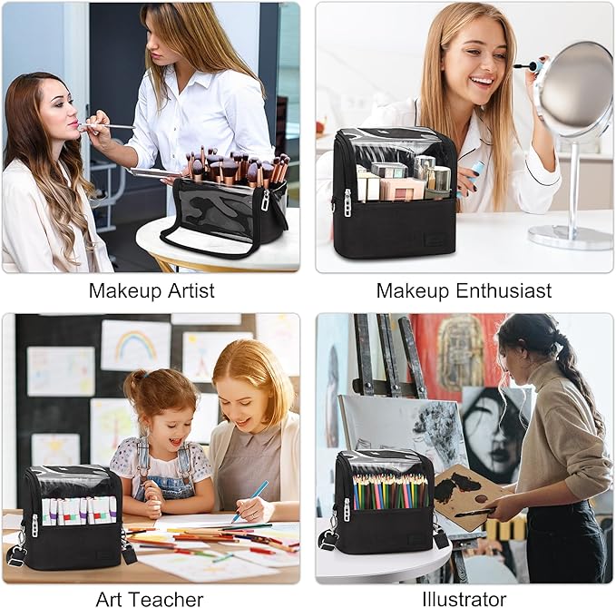 Makeup Brush Case Stand-up Makeup Cup Travel Professional Cosmetic Bag Artist Storage Bag Large Makeup Brush Bag with Adjustable Divider (Large, Black)