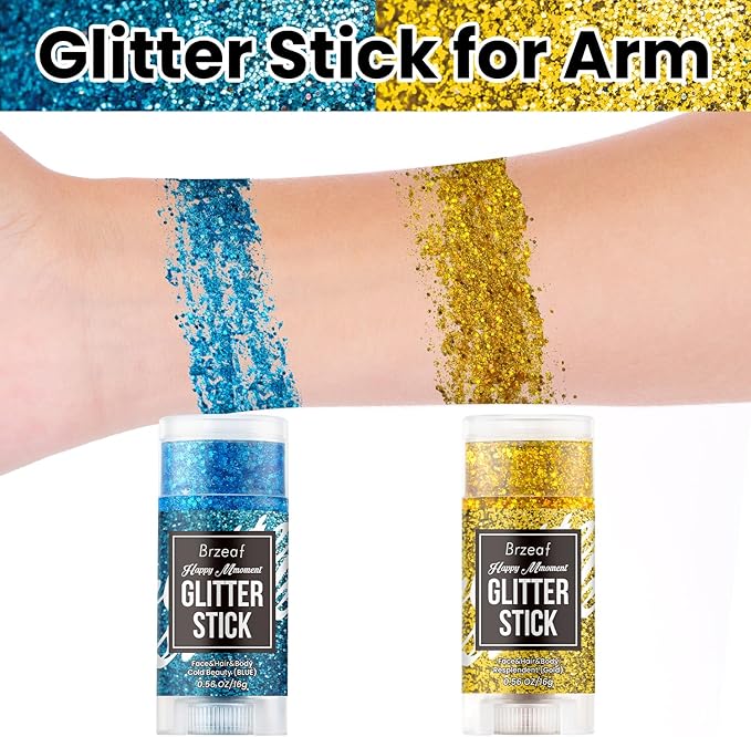 Brzeaf Waterproof Blue Glitter Stick, Halloween Festival Rave Accessories, Safe Ingredients & Long Lasting, Hair Eyeshadow Face Glitter Stick, Singer Concert Music Rave Festival, Glitter Makeup