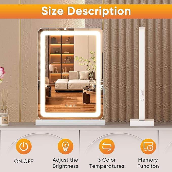 Sweetcrispy 17"x13" LED Vanity Mirror with Lights, Dimmable 3 Color Modes Makeup Mirror with Memory Function, USB Charging, Aluminum Frame, Lighted Mirror for Desk or Bedroom