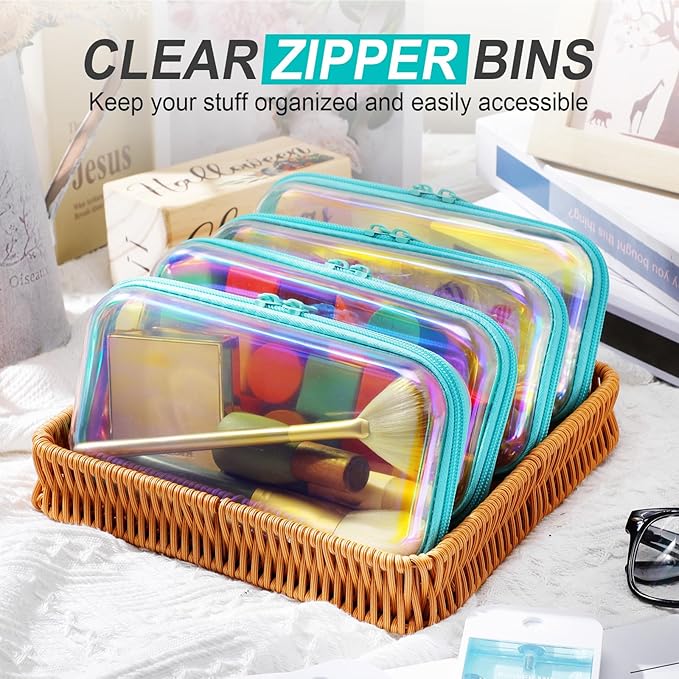 Hoolerry 4 Pcs Hard Clear Zipper Case Makeup Bags Plastic Pencil Pouch Transparent Storage Box Containers for Cosmetics, Snacks, Building Blocks, Puzzles(Blue Laser,7.5 x 3.9 x 2 in)