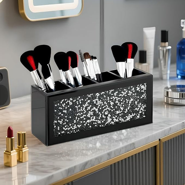 SHYFOY Black Makeup Brush Holder, 4-Compartment Makeup Organizer with Crushed Diamond Crystals, Vanity Cosmetics Organizer Solution, Pencil Holder Organizer for Desk