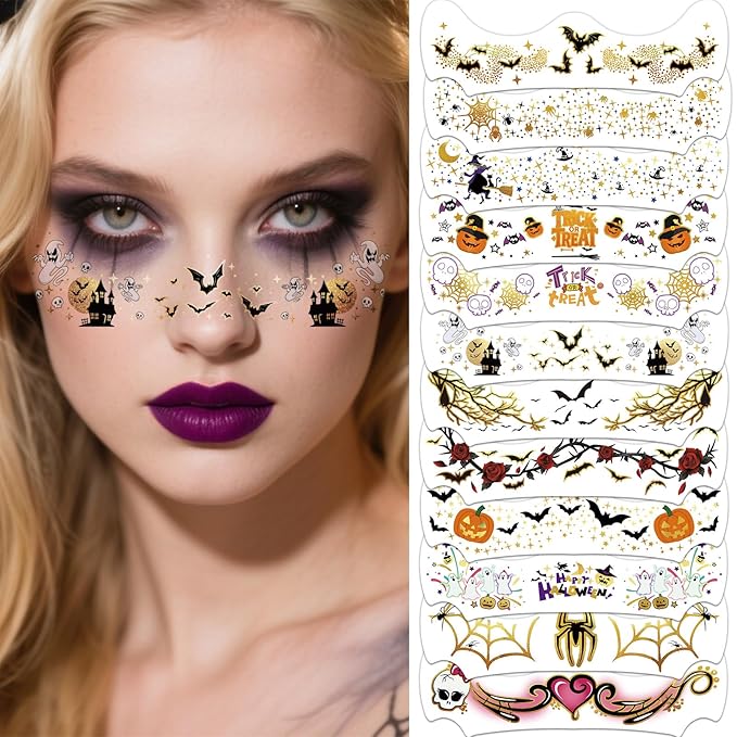 12 Sheets Halloween Face Temporary Tattoo, Ghost Skull Witch Bat Spider Pumpkin Rose Waterproof Fake Tattoos Face Makeup Freckles Patches For Women Girls Halloween Festival Party Supply