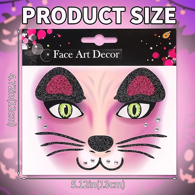 Face Stickers Gems Halloween Temporary Tattoo Sticker Animals Face Sticker Decal Body Face Self-adhesive Sticker Stage Makeup Party Cosplay Decoration 2pcs (cat)