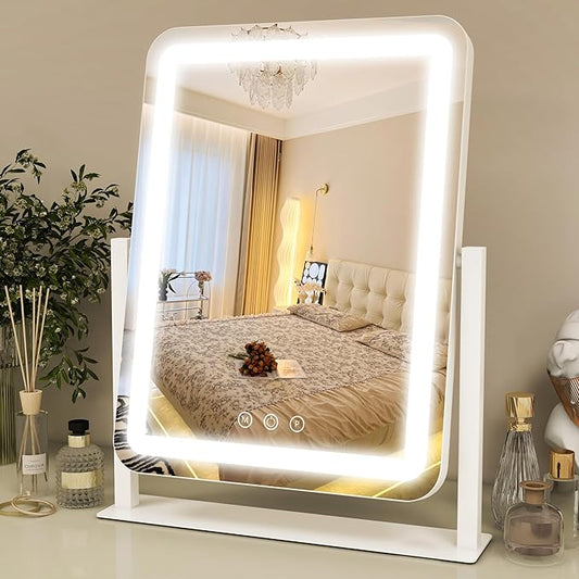Vanity Mirror with Lights 11x15 Inch, Smart Touch Control, 3 Color Lighting Modes, Table Top Mirror with Stand for Bedroom