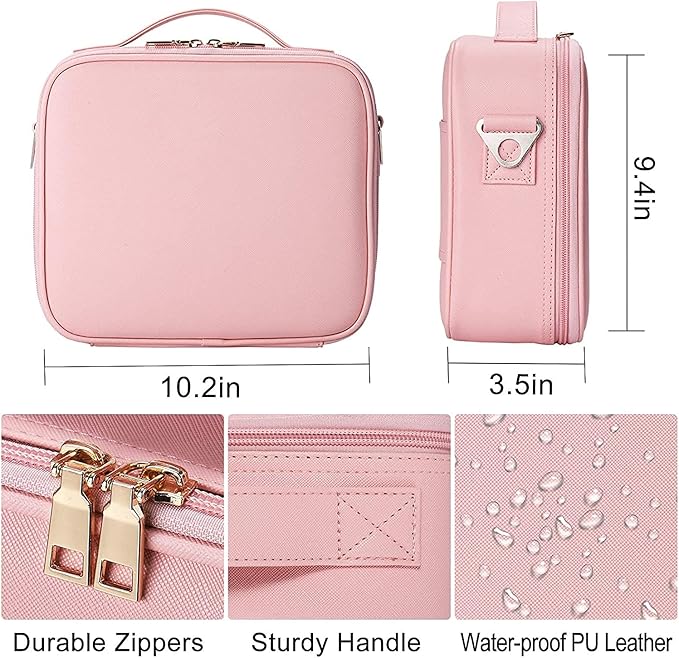 Travel Makeup Bag Organizer, 10.2 Inches Portable Makeup Train Case Cosmetic Brush Artist Storage Bag with Adjustable Dividers and Shoulder Strap (Pink)