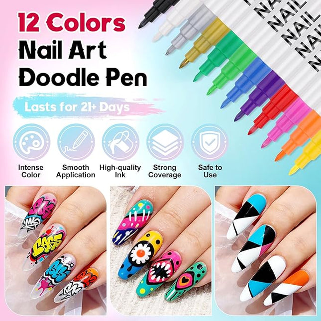 Kalolary 12 Color 3D Nail Art Pens Set, Nail Polish Pens 0.7MM Fine Tip Acrylic Paint Pen Nail Art Markers Quick-Dry Nail Art Tools for Dotting Drawing Painting DIY Nail Art Beauty Manicure(G)