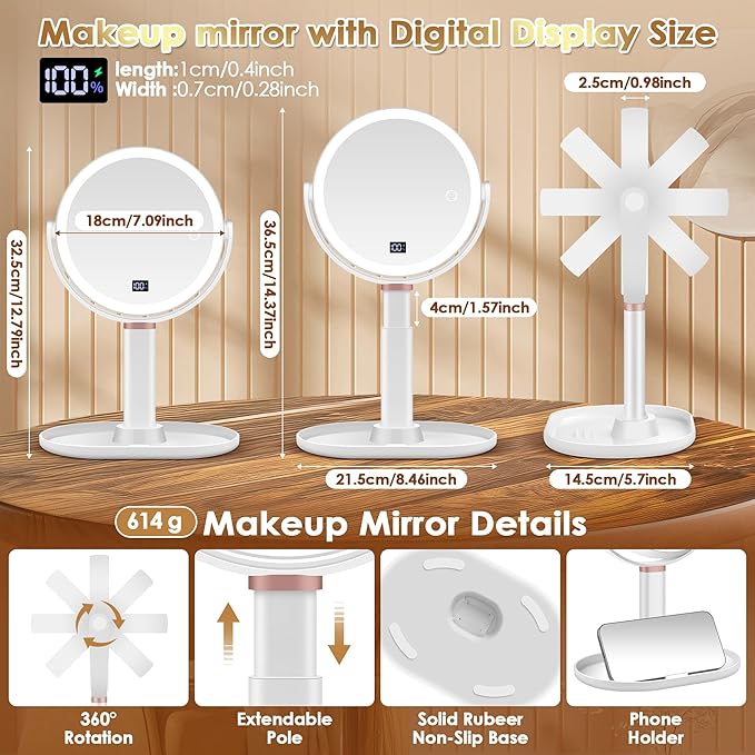 MIYADIVA Makeup Mirror with Lights, 30X/1X Magnifying Mirror with Digital Display, Height Adjustable Desk Mirror, Detachable for Travel, Vanity Mirror with Phone Holders and Tweezers, Gifts for Women