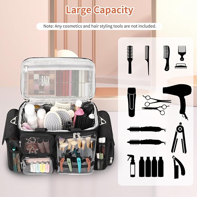 Hairstylist Travel Bag, Hair Tool Organizer with Adjustable Dividers, Hair Tools Travel Bag with Multi Pockets, Professional Hairdressing Organizer for Makeup Artists with Shoulder & Waist Straps