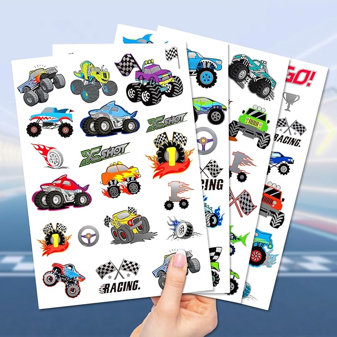 75PCS Toddler Tattoos Hot Wheel Birthday Decorations Hot Wheels Party Favors, Kids Tattoos Temporary for Boys Monster Truck Tattoo Halloween Tattoo Racing Car Flag Stickers