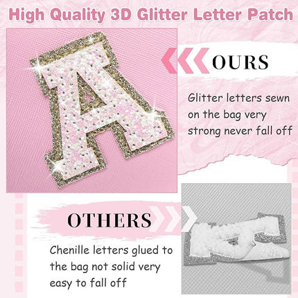 Small Personalized Initial A-Z Patch Makeup Bag,Pink Cute PU Leather Glitter Letter Cosmetic Bag for Teen Girls,Travel Toiletry Bag with Zipper,Preppy Monogrammed Birthday Gift for Daughter Niece V