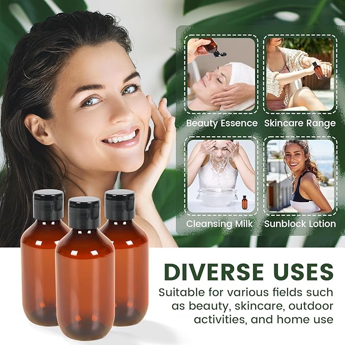 TRENDBOX Travel Size Amber Bottles with Flip Cap - 6 Pack 3.4oz Leak Proof Dispenser Containers for Toiletries, Essential Oils & Shampoo - Set of Small Empty Plastic Bottles