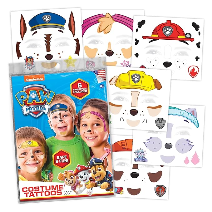 Paw Patrol Costume Face Tattoos – Temporary Tattoo Set for Kids Featuring Chase, Marshall, Skye & More, Easy Halloween Costume Accessory, Safe & Non-Toxic