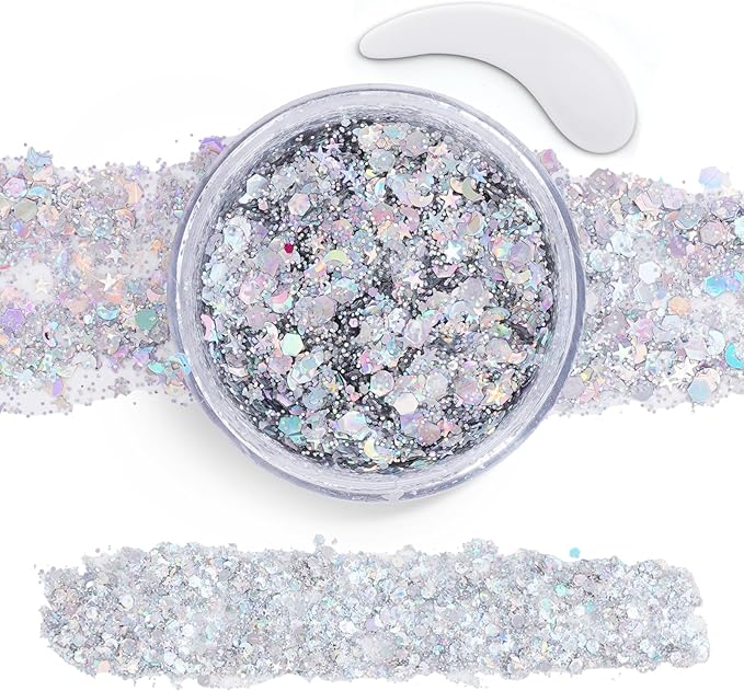 Silver Face Body Glitter Gel,Chunky Hair Glitter for Singer Concerts Silver Face Paint, Makeup Festival Rave Accessories for Women Face Body DIY Sparkling Makeup
