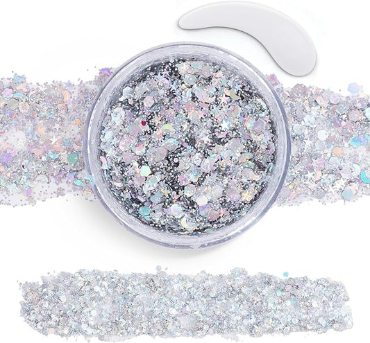 Silver Face Body Glitter Gel,Chunky Hair Glitter for Singer Concerts Silver Face Paint, Makeup Festival Rave Accessories for Women Face Body DIY Sparkling Makeup