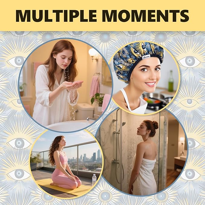 Years Calm Evil Eye Shower Caps for Women Reusable Waterproof, Pattern and Solid Color Dual-Layer Design, Hair Cap for Shower with Elastic Band, Fits Braids, Dreadlocks & Long Hair (Royal Blue)