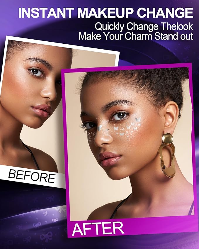 Face Glitter Freckles, Silver Tattoo Makeup Patches, Butterfly Speckles Sparkle Beauty Face Waterproof Fake Freckle for Holiday Dance Music Party Makeup - 10 Count