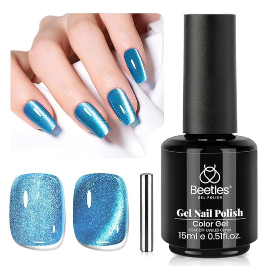 Beetles Blue Cat Eye Gel Polish, 15ML Blue Cat Eye Glitter Gel Polish with Magnet Shimmer Velvet Gel Soak Off UV Stellar Ocean Collection French Nail Art Design Manicure Summer Gifts for Women
