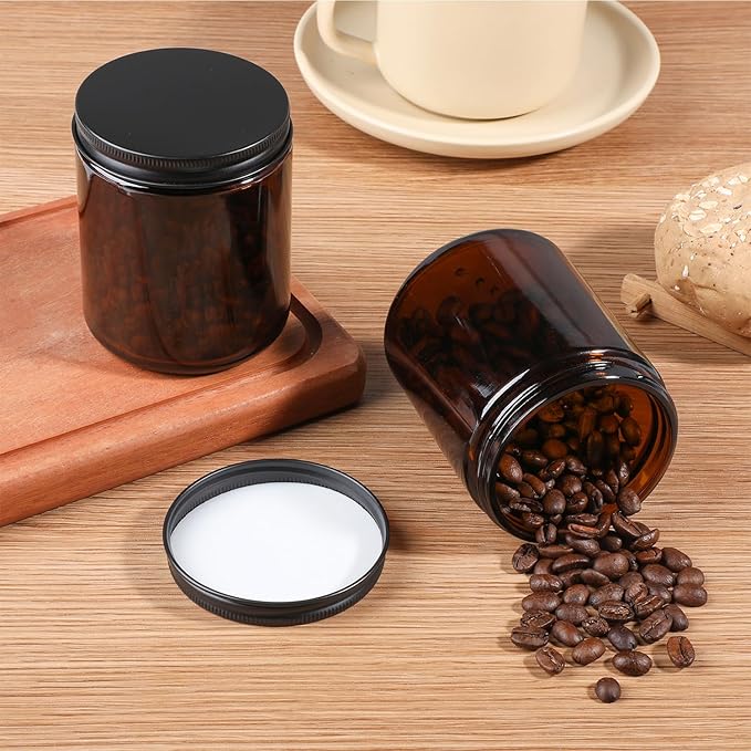 24 Pack Amber Glass Jars, 8 Oz Thick Amber Round Glass Jars, with Black Metal Lids, for Spice, Liquid, Sample, Leakproof and Dishwasher Safe