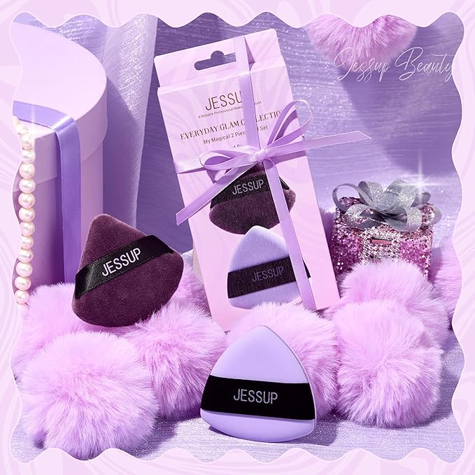 Jessup Powder Puff, 2pcs Triangle Powder Puff Soft for Foundation Setting and Baking, Reusable, Washable, Purple SP018