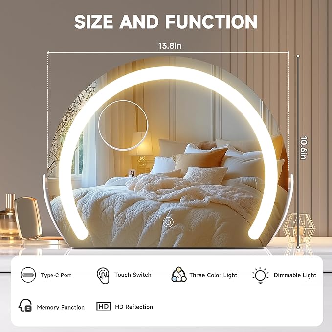 Hasipu Vanity Mirror with Lights, 13.8" x 10.7" LED Makeup Mirror, Lighted Makeup Mirror with Lights, Smart Touch Control 3 Colors Dimmable Mirror, White
