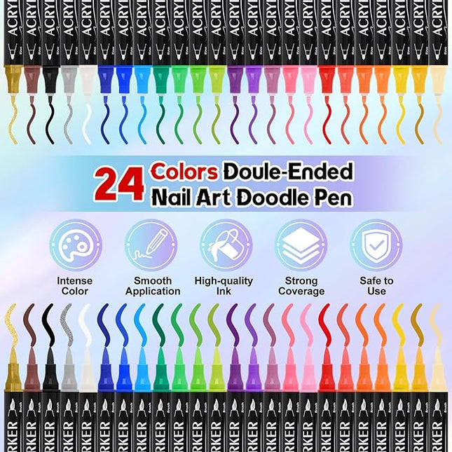 Kalolary 24 Colors Nail Art Pens Set, Nail Polish Pens Double-Ended Acrylic Paint Pen Nail Art Markers Quick-Drying Nail Art Tools for Dotting Drawing Painting DIY Nail Art Beauty Manicure（D）