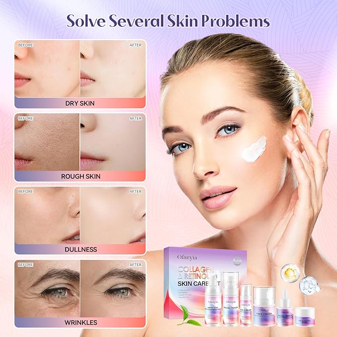 Ofanyia Collagen Retinol Skincare Set, 6 Pcs Anti-Aging Skin Care Set with Hydrating Cleanser, Eye Cream, Toner, Cream & Lip Mask, Facial Kit for Women, Christmas Valentines Birthday Gift for Her