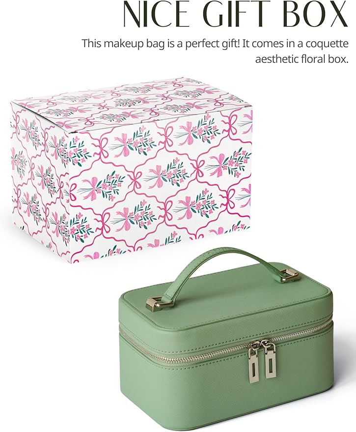 Popvibe Travel Vanity Case with Mirror and Light, Compact Traveling Makeup Bag Set with Brush Holder, Sage Green Leather Cosmetic Case Lighted Up Makeup Vanity Bag Portable Make Up Box Train Case Cute