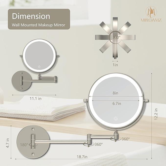 Rechargeable Wall Mounted Lighted Makeup Vanity Mirror 8 Inch Double Sided 1X 10X Magnifying Bathroom Mirror, 3 Color Lighting, Touch Screen, 360 Rotation, Shaving Mirror Brushed Nickel