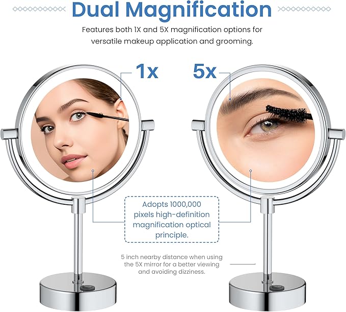KIBI Circular LED Free Standing Magnifying Makeup Mirror | 360-Degree Swivel Shaving Mirror with Adjustable Brightness | Dual-Sided Vanity Mirror with 5X Magnification (Chrome Finish, KMM104)