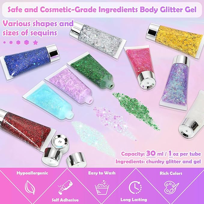 10 Colors Body Face Glitter Gel for Skin and Hair, Makeup Sparkles Rave Accessories for Festival Outfits, Mermaid Decorations, Disco Cowgirl, Mardi Gras