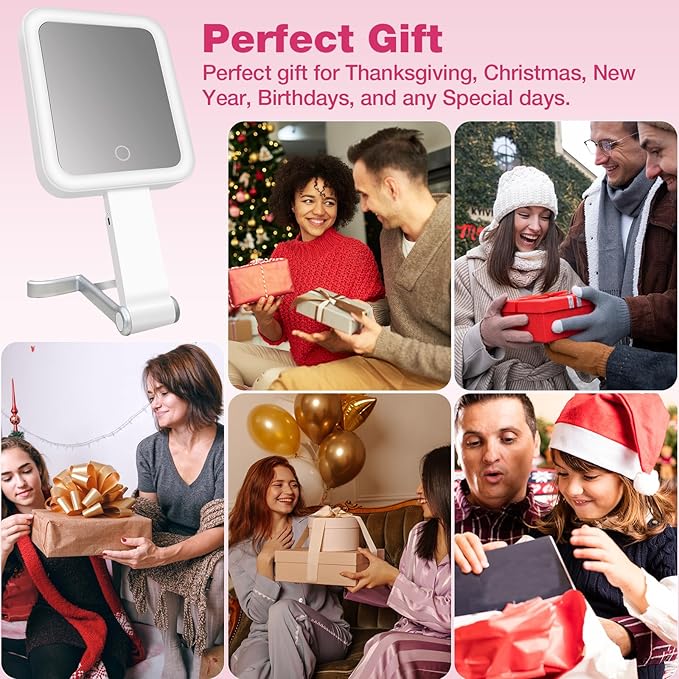 Portable Travel Makeup Mirror with Lights, Double Sided 1X/10X Magnifying Mirror, 3 Color Adjustable Lighting Touch Screen, Rechargeable Lighted Beauty Mirror, Tabletop Handhold Hanging (White)