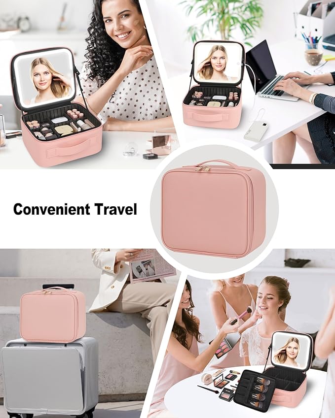 Makeup Bag With LED Mirror, Travel Makeup Case with Light up Mirror Large Cosmetic Case with 3 Color Lighted Portable Professional Organizer Bag with Adjustable Dividers（Pink）
