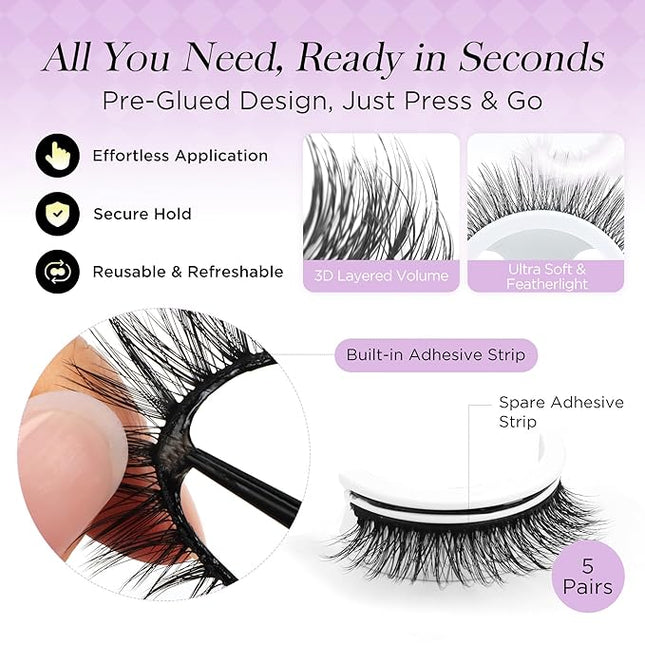 BEYELIAN Self Adhesive Eyelashes Reusable Press on Lashes, Pre Glued Eyelashes No Glue Need, Wispy Natural Look Faux Mink False Eyelashes 5 Pairs ZCV-142