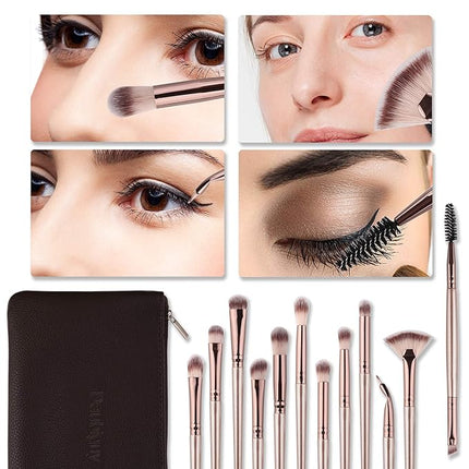 Daubigny Eye Makeup Brushes,12 PCS Professional Eye shadow, Concealer, Eyebrow, Foundation, Powder Liquid Cream Blending Brushes Set With Carrying Bag(Champagne Gold)