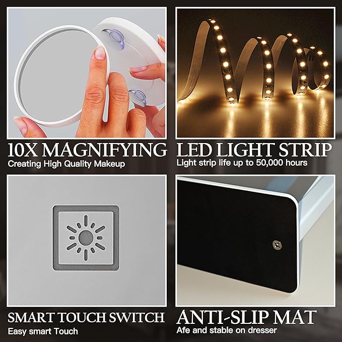 Vanity Mirror with Lights 15"x12", Lighted Makeup Mirror with 10X Magnification, 3 Color Lighting & Dimmable Brightness, Light Up Mirror for Desk, Bedroom, Bathroom