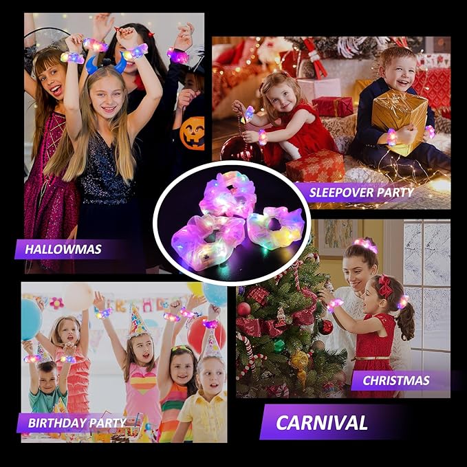 4Pcs Light Up Scrunchies Hair Tie, Pink LED Scrunchy Rave Hair Accessories for Women & Girls, Glow in the Dark Party Supplies Sleepover Party Favor Festival Accessory for Birthday Gifts for Girls