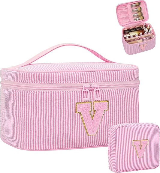 MONSTINA Personalized Initial Makeup Bag Set for Girls&Women,Personalized Make Up Case for Girlfriend Graduation Teacher Gifts,Cute Toiletry Bag Preppy Chenille Letter Patch,2PCS,Pink V