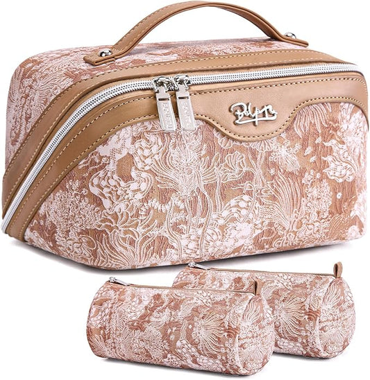 BOYATU Travel Makeup Bag for Women: Large Capacity Make up Bag with Compartments - Vegan Leather Cosmetic Bag set of 3 - Waterproof Toiletry Bag with Handle & Divider(D-05Orange)