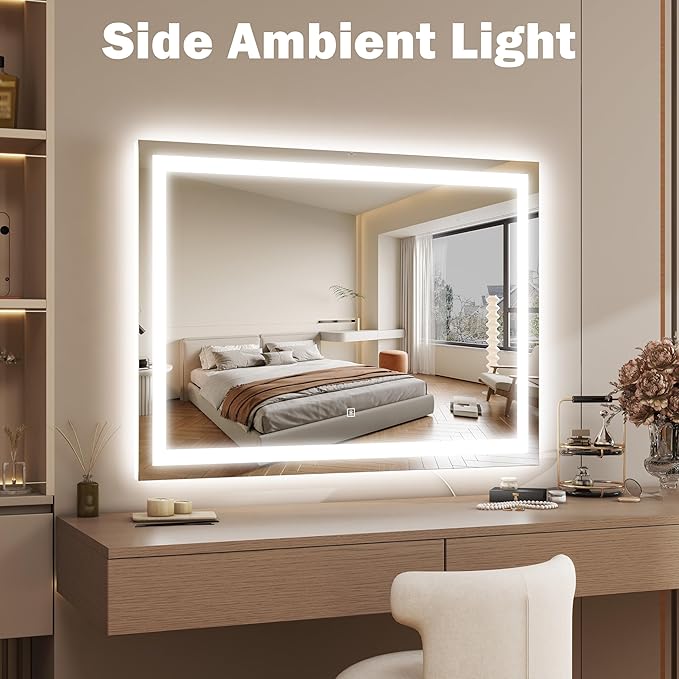 38"x28" Inch Large Lighted Vanity Mirror, 3-Color Lighting & Dimmable Modes, LED Makeup Mirror for Bathroom/Dressing Room (Wall/Tabletop Mount, White)