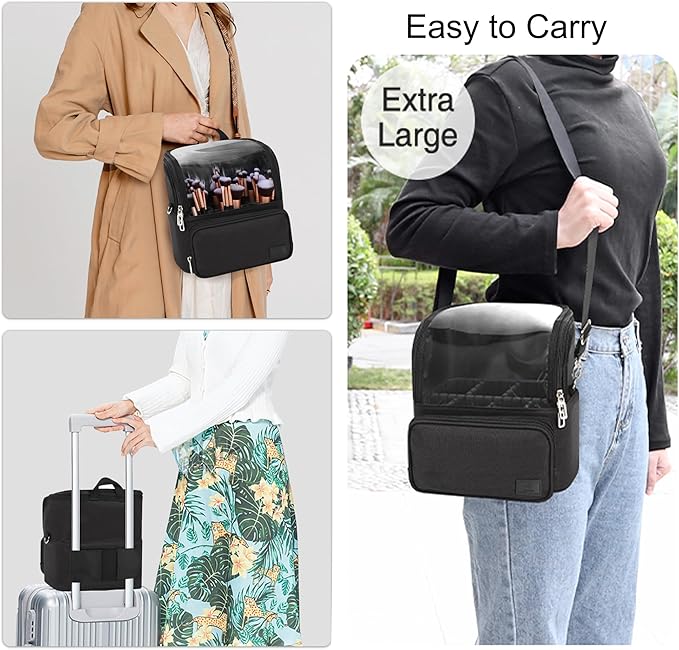 Makeup Brush Case, Extra Large Stand-up Makeup Cup Travel Makeup Brush Bag Foldable Professional Cosmetic Bags Artist Storage Case with Adjustable Divide&Strap (01A-Black（X Large）)