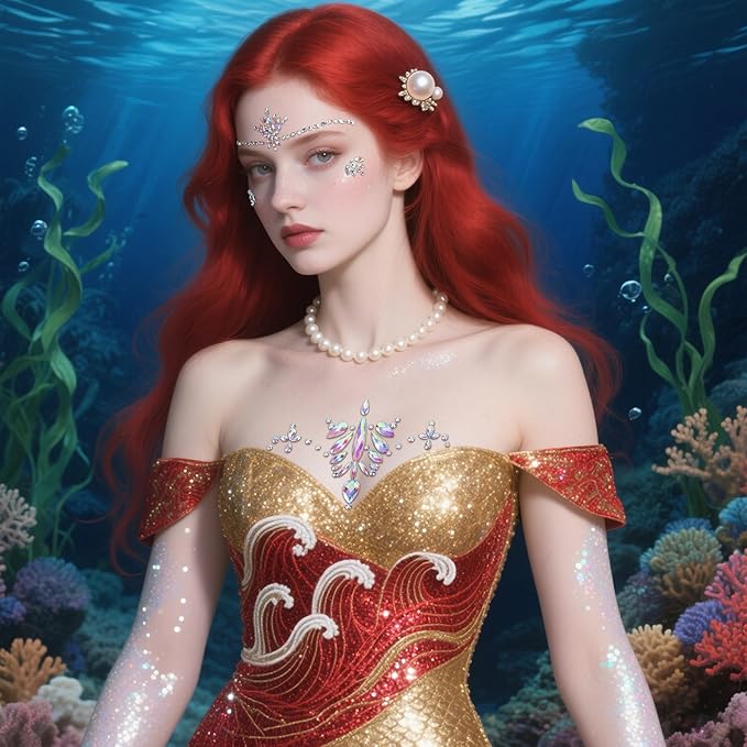 Wehhbtye 6 Pcs Mermaid Glitter Face and Chest Gems, Rhinestone Chest Jewels Face Sticker with Body Glitter, Festival Rave Body Crystal Tattoo for Halloween Costume Themd Party Makeup