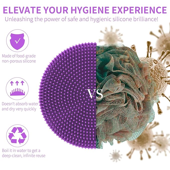 Silicone Body Scrubber, BEAUTAIL Shower Bath Scrubber, More Hygienic Than Traditional Loofah, Lather Nicely, Long Lasting, Gentle Exfoliating Brush for Women Men Baby Sensitive Skin, 1 Pack, Purple
