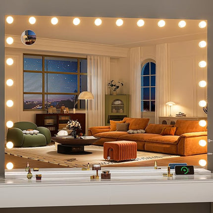 Hasipu Hollywood Vanity Mirror with Lights, 47" x 35" Makeup Mirror with 24 Dimmable LED Bulbs 3 Color Modes & Detachable, 5X Magnifying Glass, Touch Control, USB and Type-C, Tempered Glass
