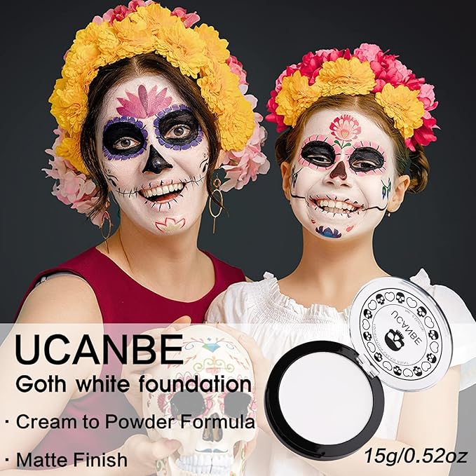 UCANBE Goth White Cream to Powder Foundation Makeup, Professional Clown White Face Body Paint with Matte Finish for Halloween, SFX Makeup, Cosplay, Costume, Stage, Mime & Film(0.52oz)
