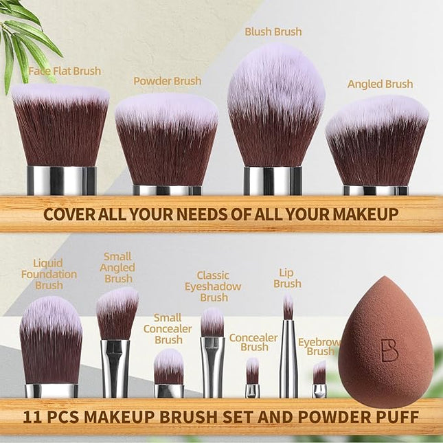 BS-MALL Makeup Brush Set 11Pcs Bamboo Synthetic Kabuki Brush Set Foundation Powder Blending Concealer Eye shadows Blush Cosmetics Brushes with Organizer Bag & Makeup Sponge (Bamboo 17)