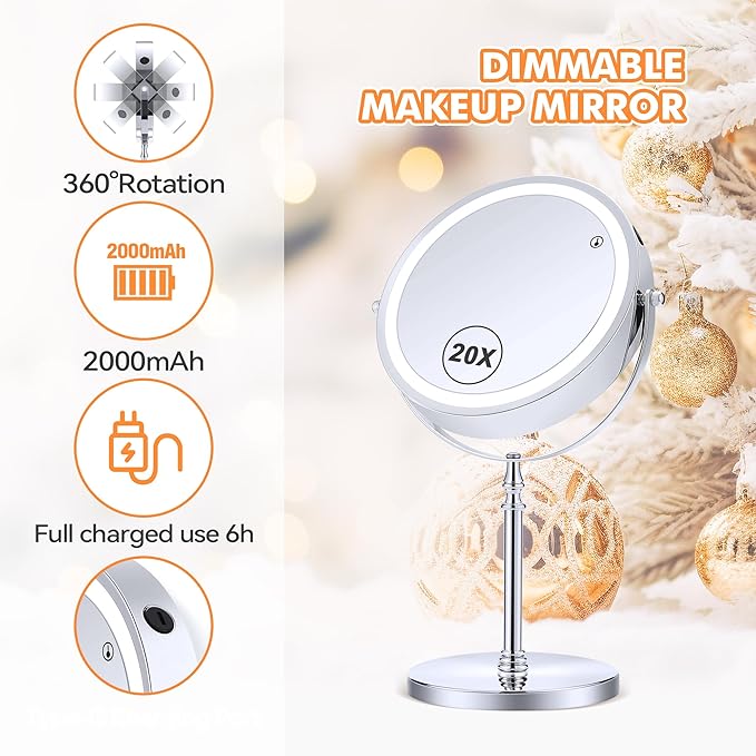 MIYADIVA Lighted Makeup Mirror, 20X Magnifying Mirror with Light, Double Sided Makeup Mirror with 20X/1X Magnification, 360°Rotation, 3 Colors Brightness Adjustable Vanity Mirror with 42 LEDs, 2000mAh