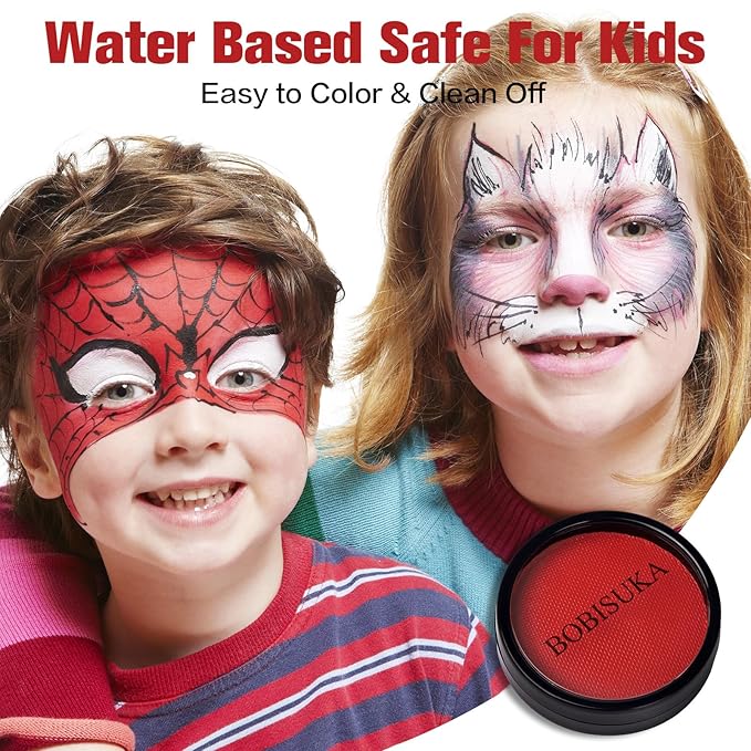 BOBISUKA Devil Red Face Body Paint, Water-Based Face Painting Kit & Body Paints, Kids Adults Facepaint for Halloween Demon Gothic Vampire La-Catrina SFX Makeup, Costume Cosplay Party Theater & Stage