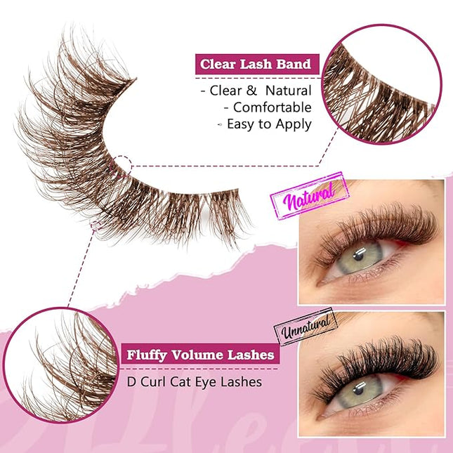 Brown Lashes Natural Look False Eyelashes Faux Mink 6D Wispy Fluffy Eye Lashes DD Curl Fake Eyelashes 9 Pairs Pack