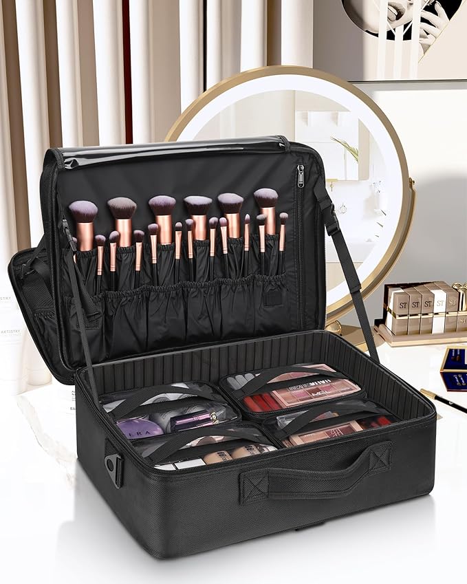 Relavel Extra Large Makeup Case with 4 Pcs Makeup Bags, Professional Makeup Artist Set Portable Nail Organizer Box Art Supply Case with Adjustable Dividers (5 Pack, black)